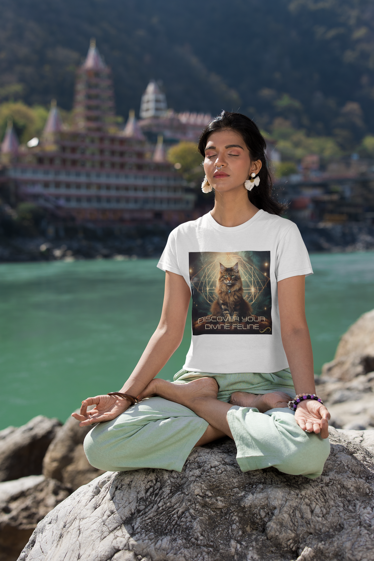 Meditating Zen Divine Feline with Mantra Women's Shirt