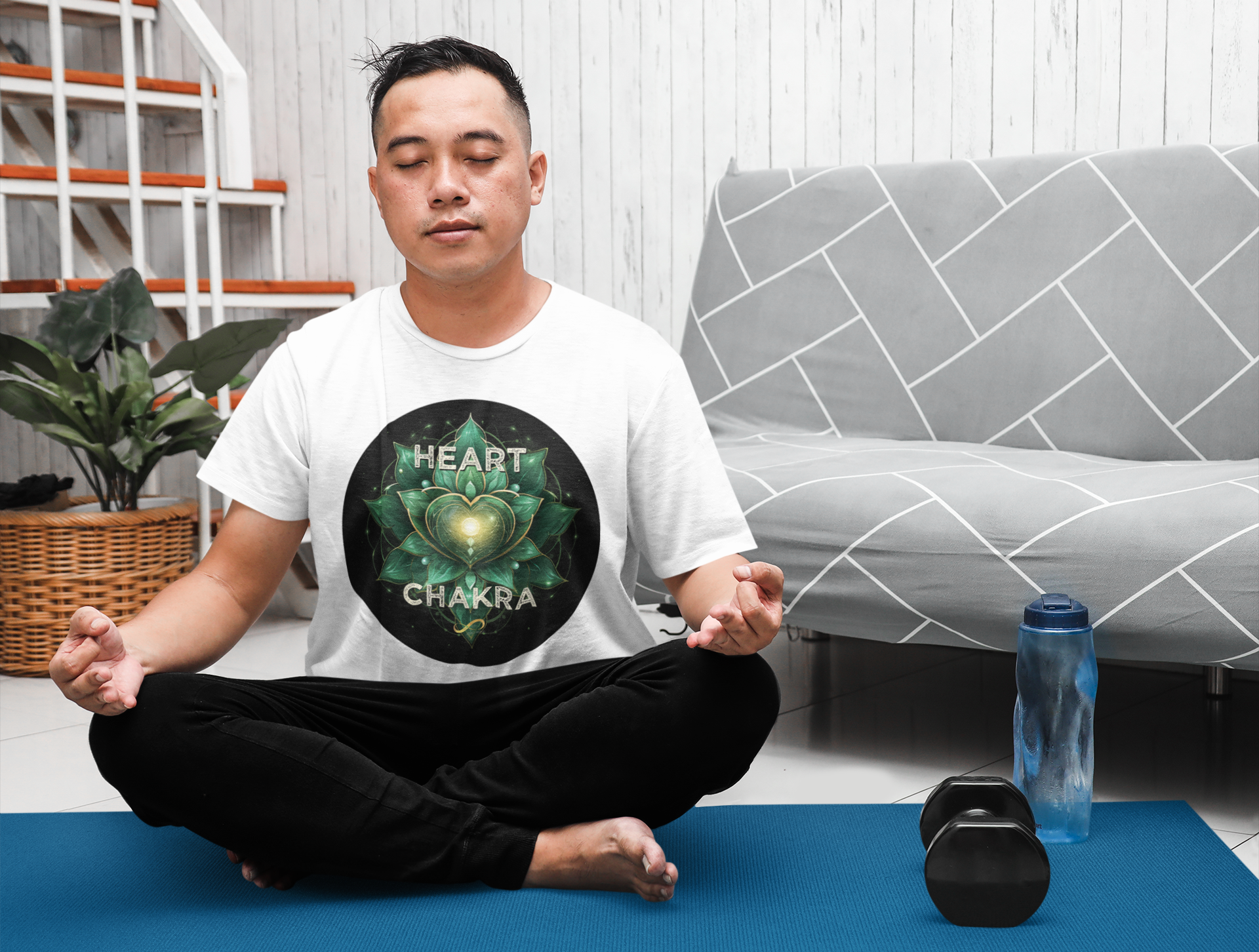 Heart Chakra zero point activation merch on model meditating