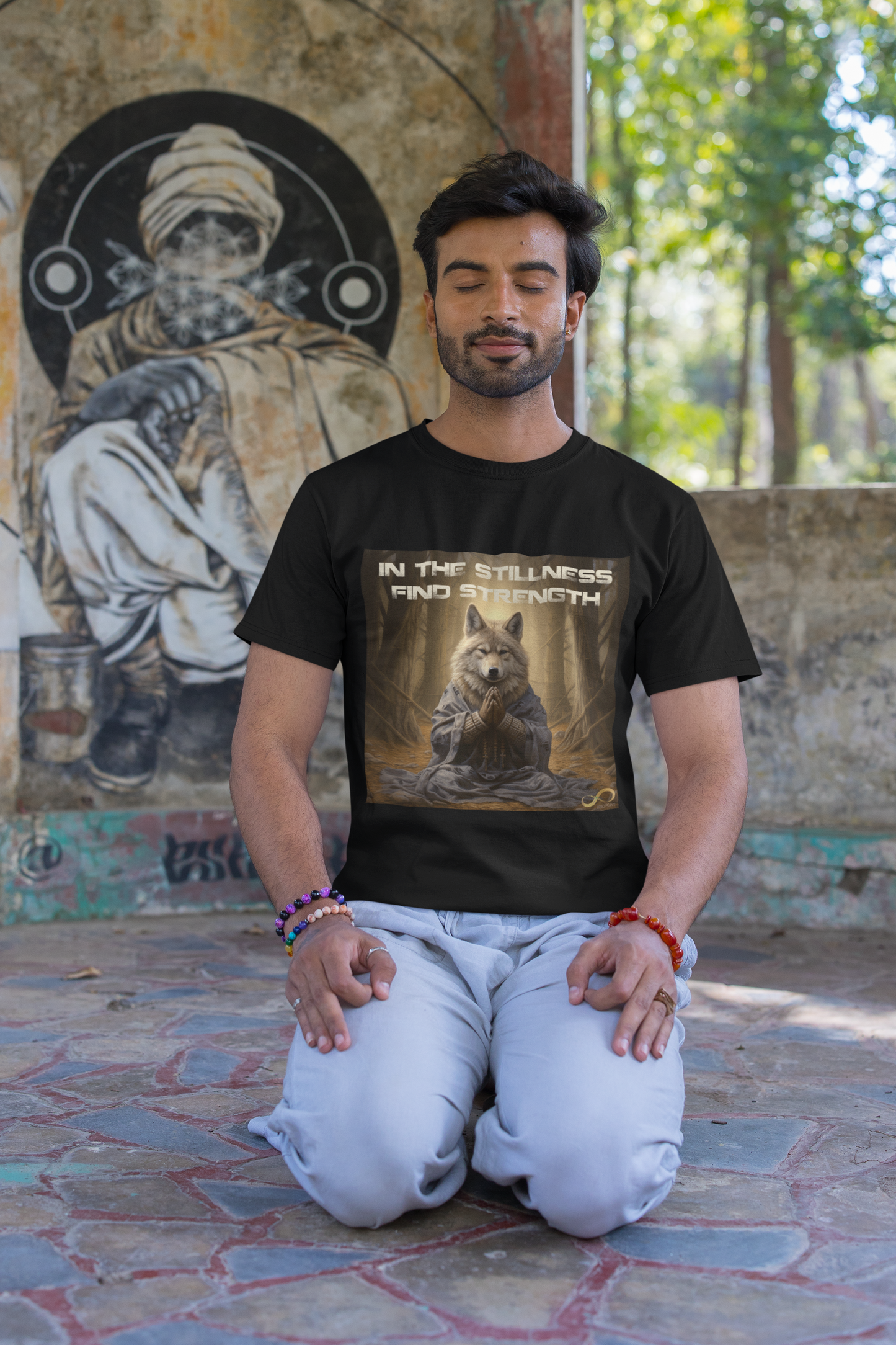 Meditating Zen Wolf with Mantra Men's Shirt