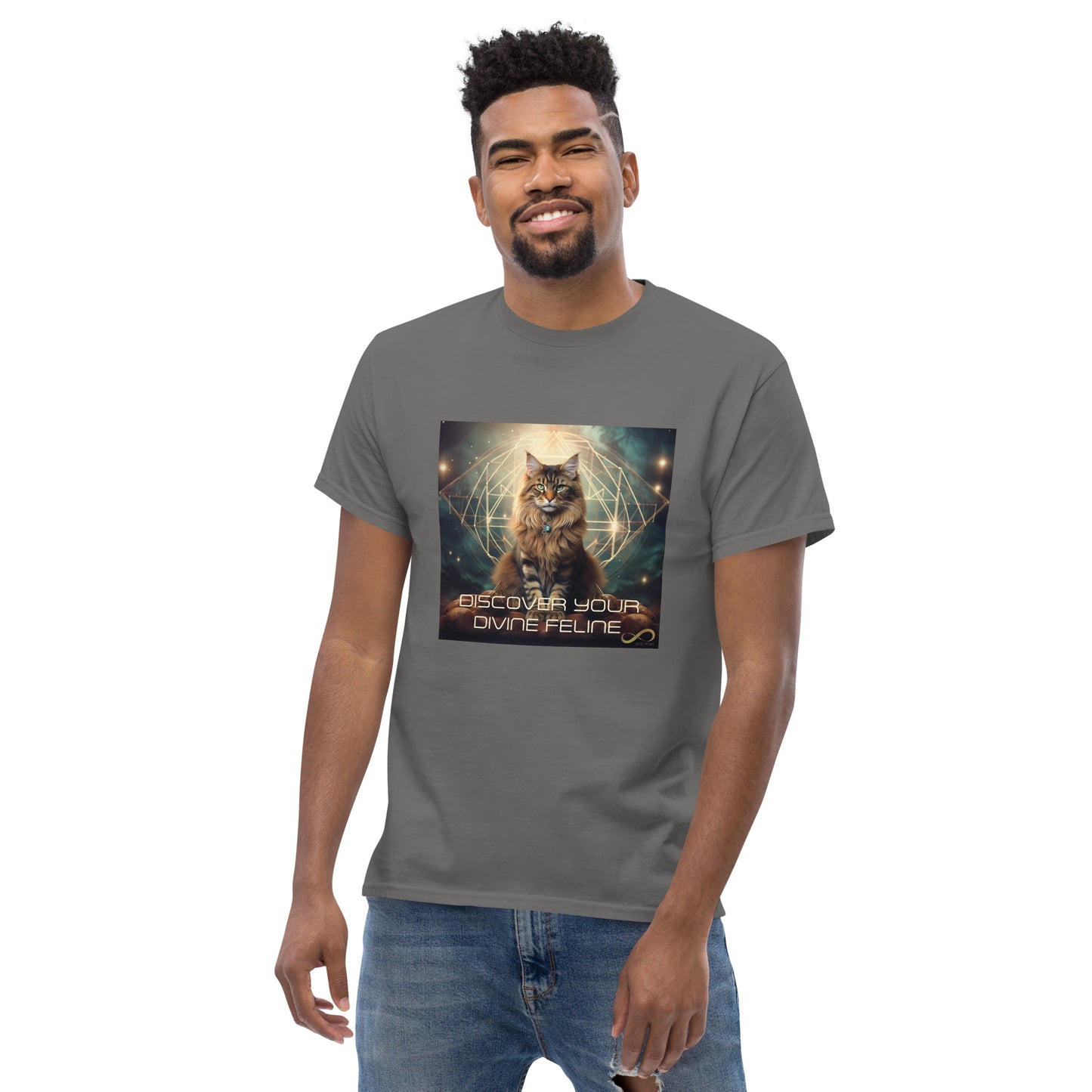 Meditating Zen Divine Feline with Mantra Men's shirt