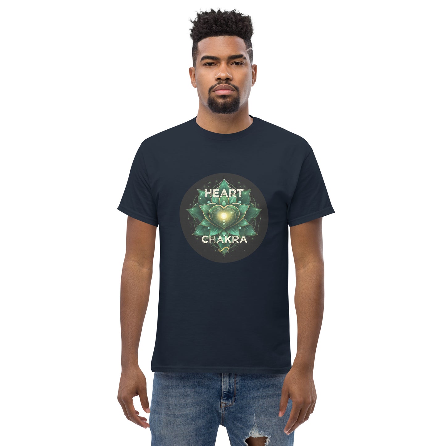 Heart Chakra zero point activation merch blue tshirt on model