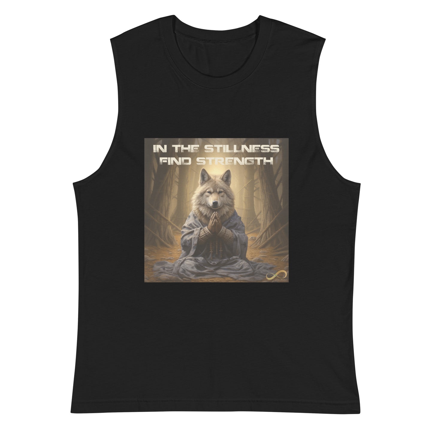 Meditating Zen Wolf with Mantra Muscle Tank