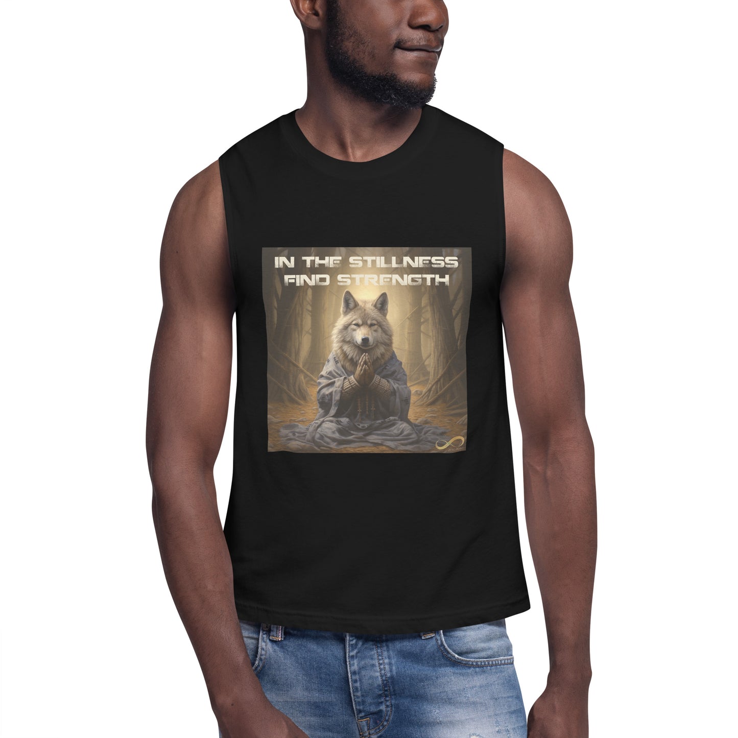 Meditating Zen Wolf with Mantra Muscle Tank