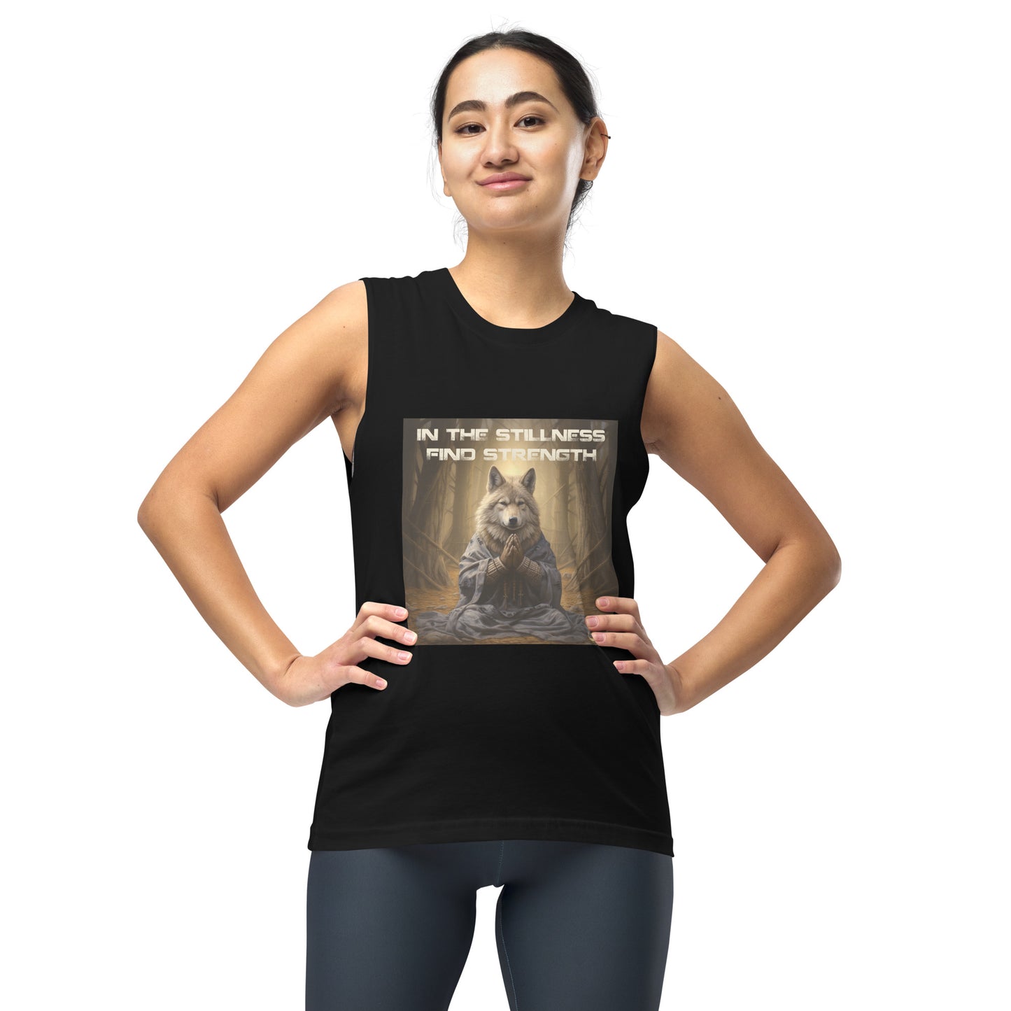 Meditating Zen Wolf with Mantra Muscle Tank