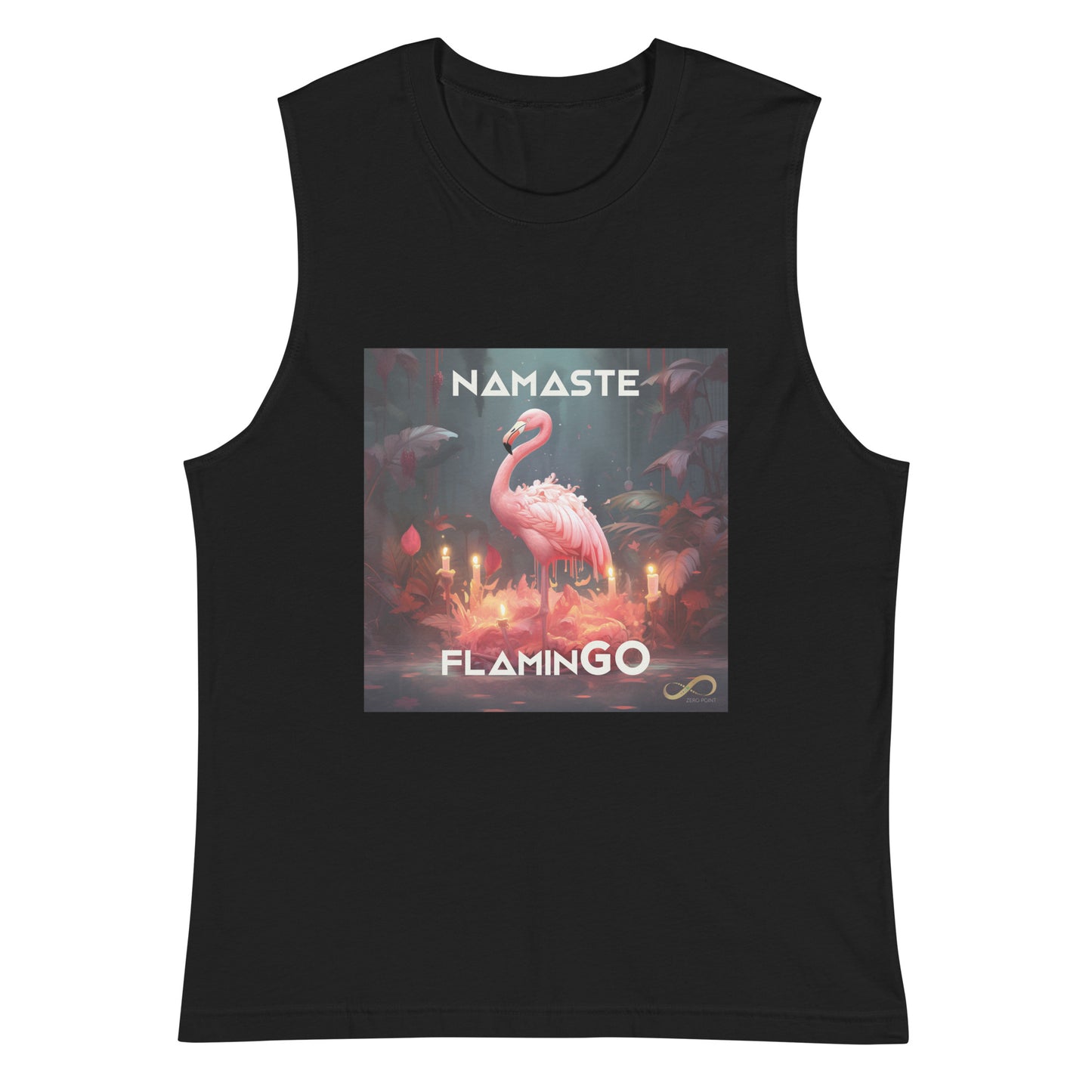 Meditating Zen Flamingo with Mantra Muscle Tank