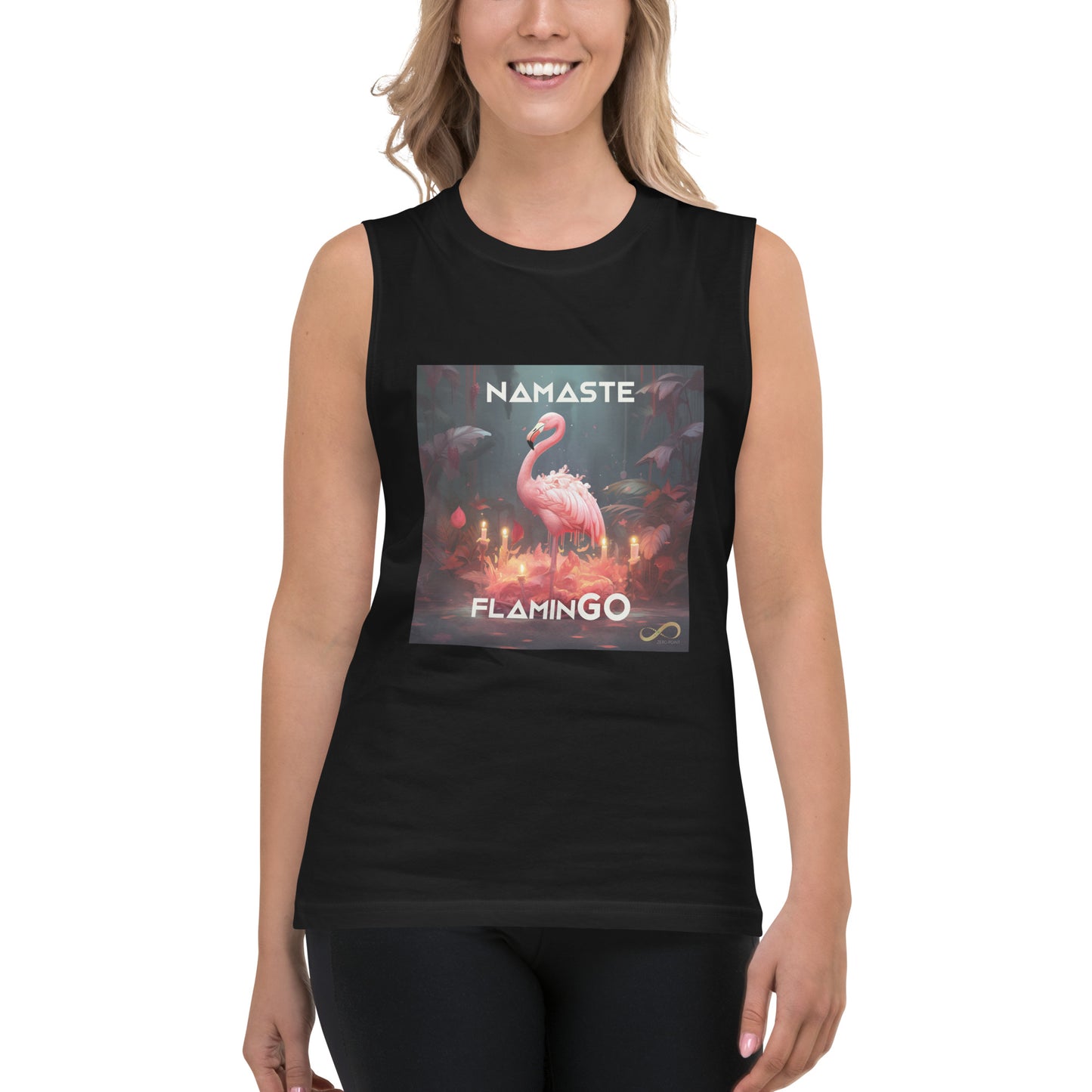 Meditating Zen Flamingo with Mantra Muscle Tank