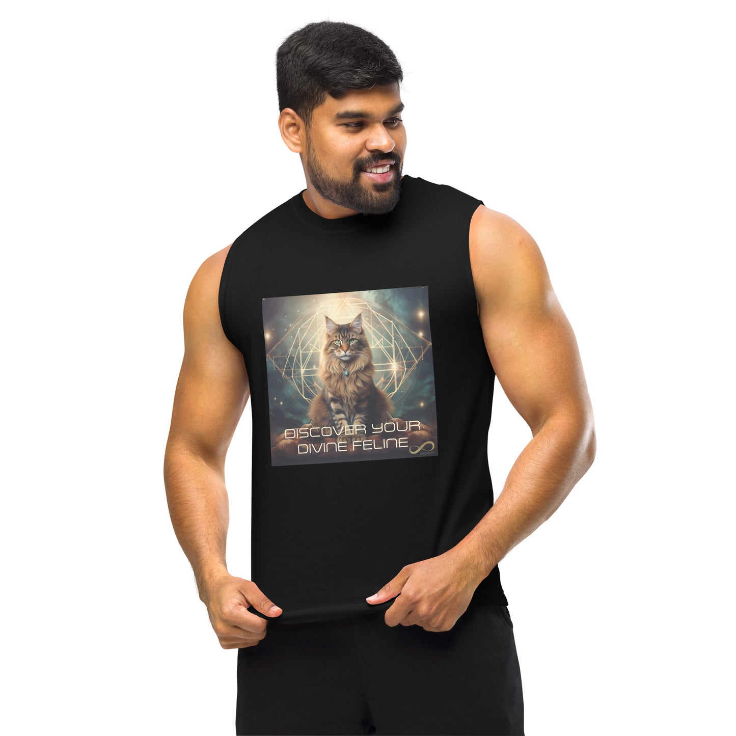 Meditating Zen Divine Feline with Mantra muscle tank