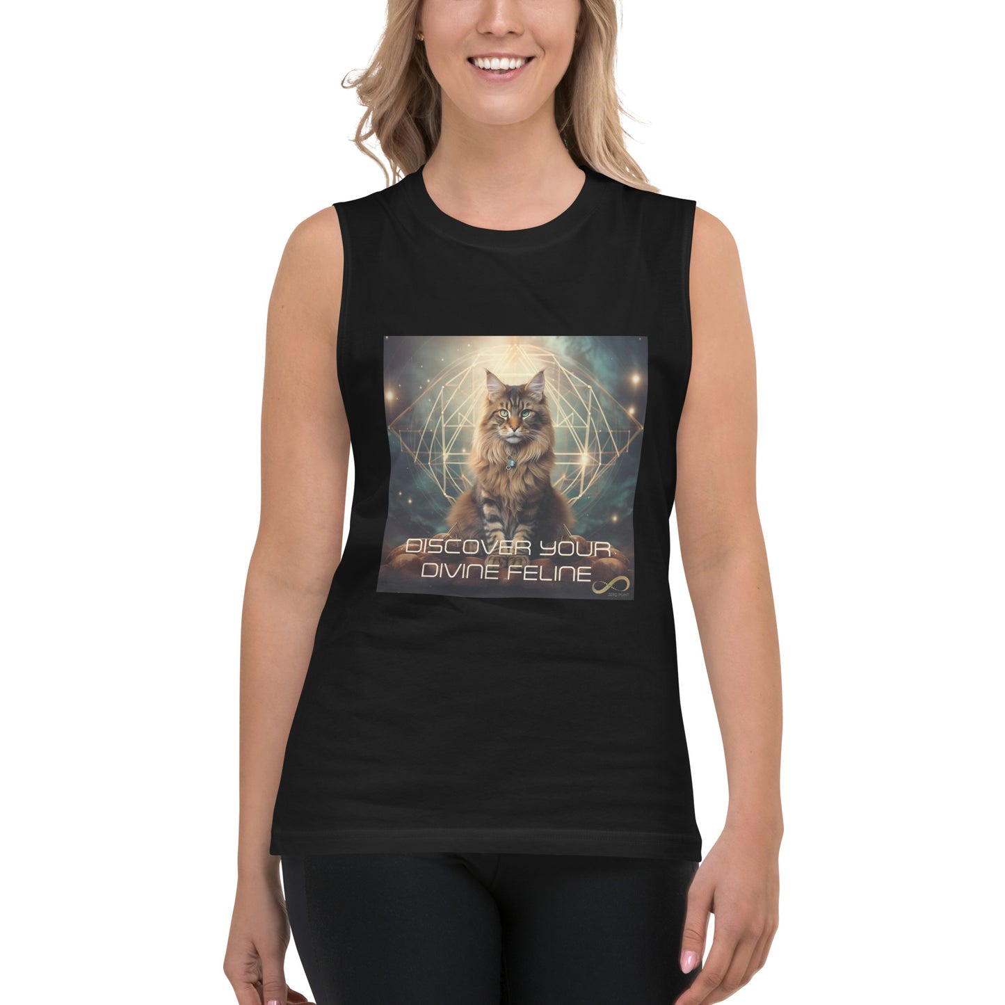 Meditating Zen Divine Feline with Mantra muscle tank