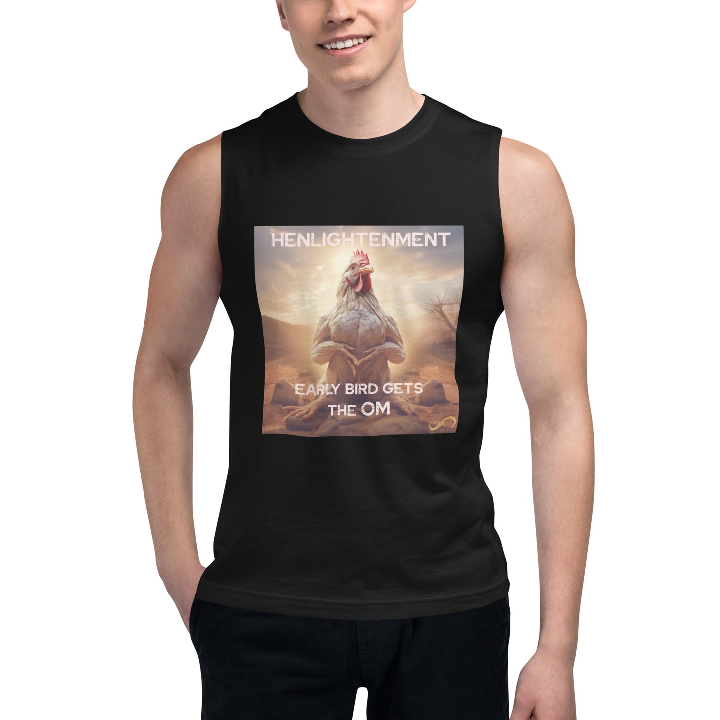 Meditating Zen Hen with Mantra Muscle Tank