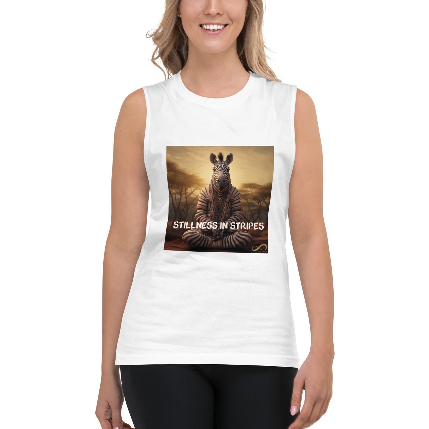 Meditating Zen Zebra with Mantra Muscle Tank