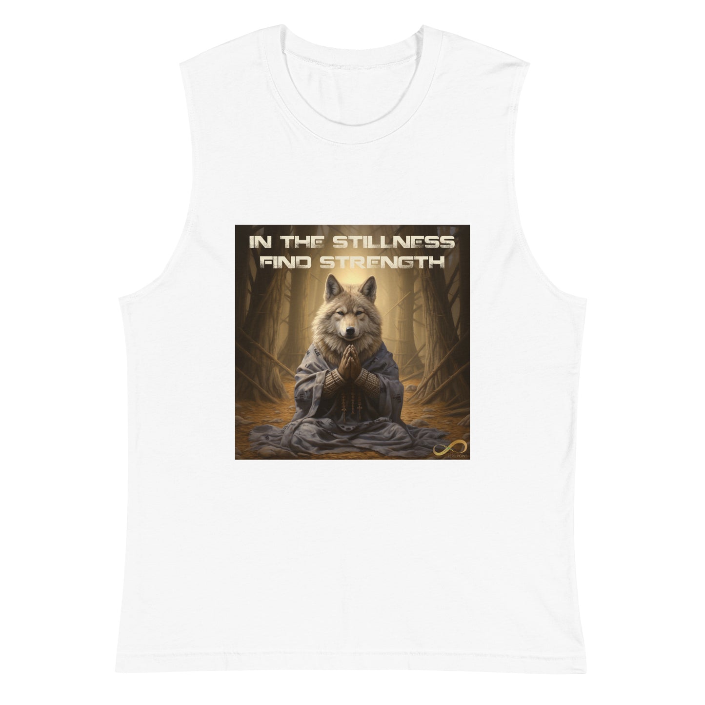 Meditating Zen Wolf with Mantra Muscle Tank