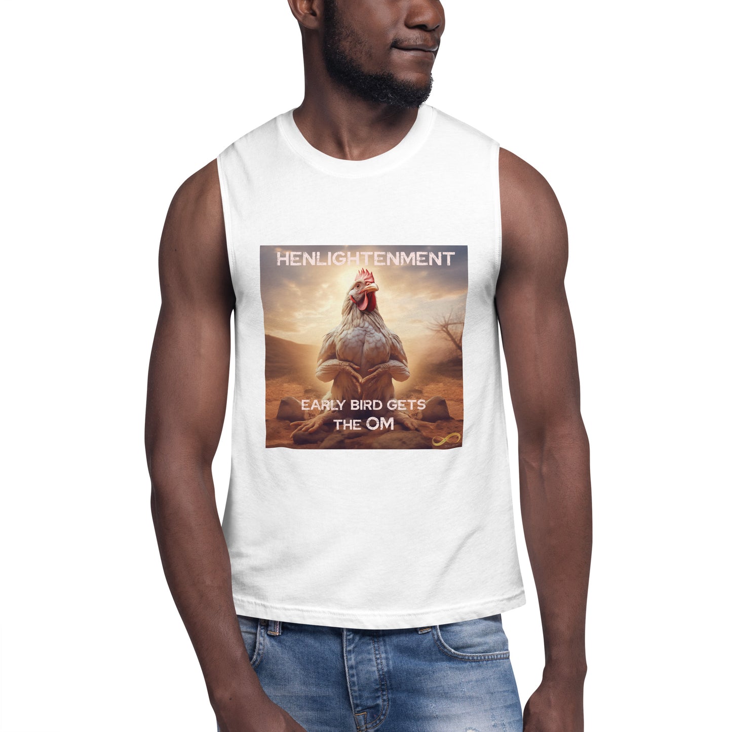 Meditating Zen Hen with Mantra Muscle Tank