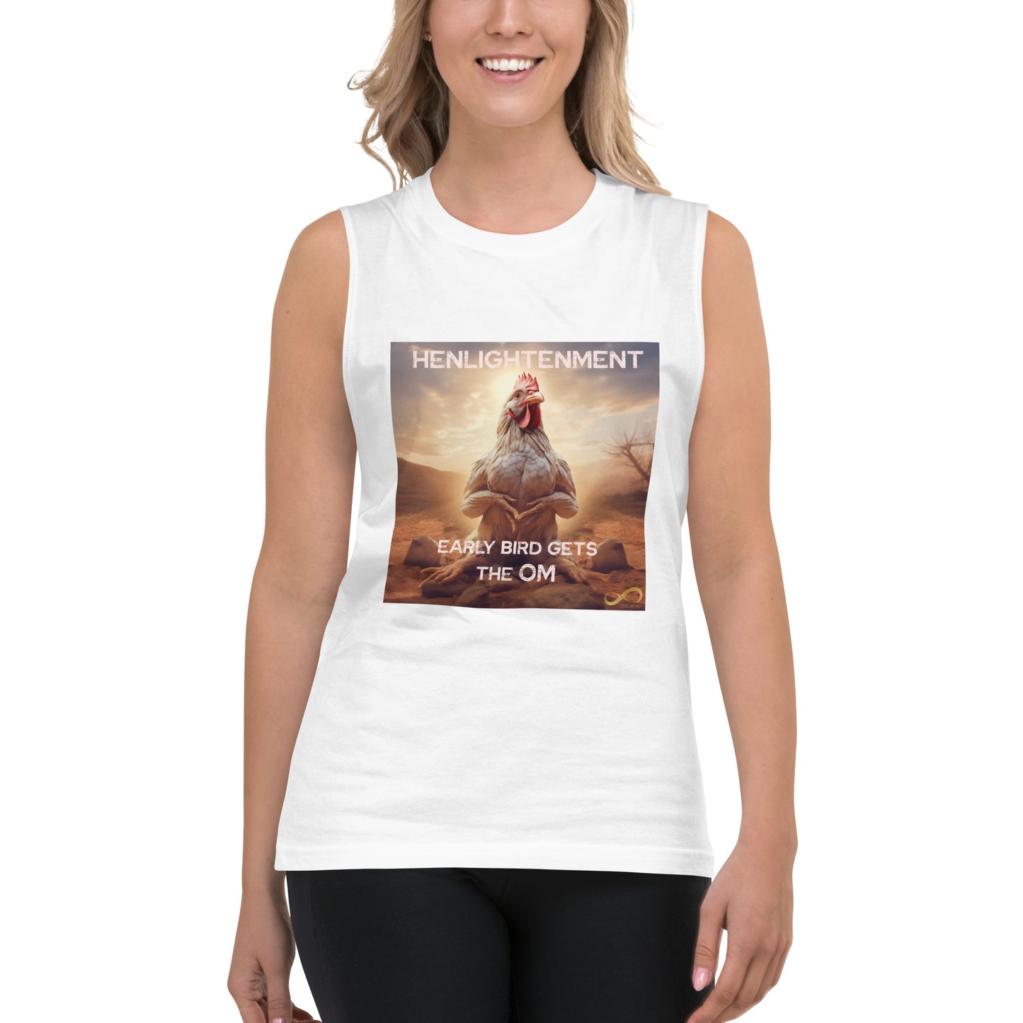 Meditating Zen Hen with Mantra Muscle Tank